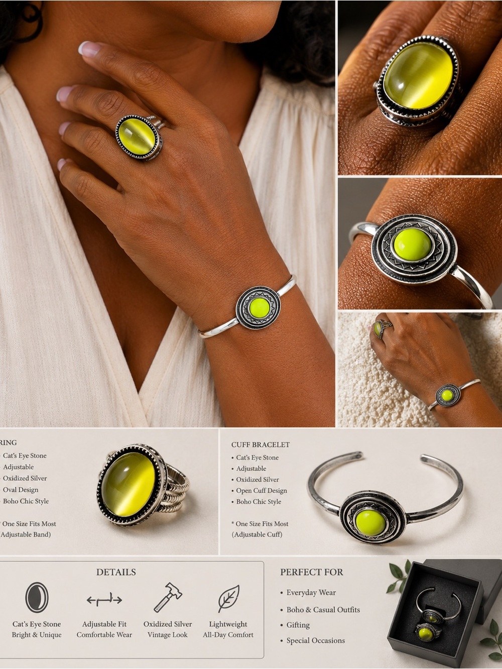 2pcs Handmade Boho Chic Lime Green Cat's Eye Ring & Cuff Bracelet Set